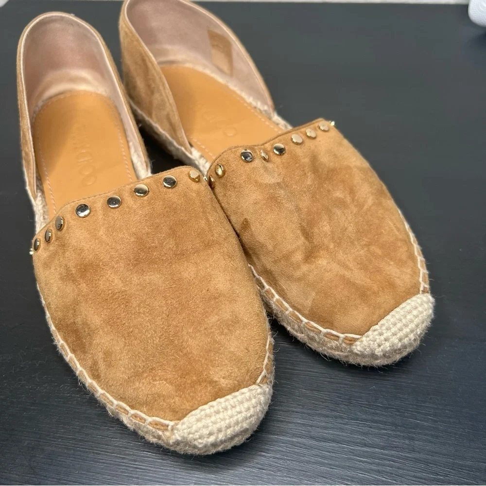 Jimmy Choo ‘Dreya’ Suede Studded D'Orsay Flats, Tan/ Gold, size 35